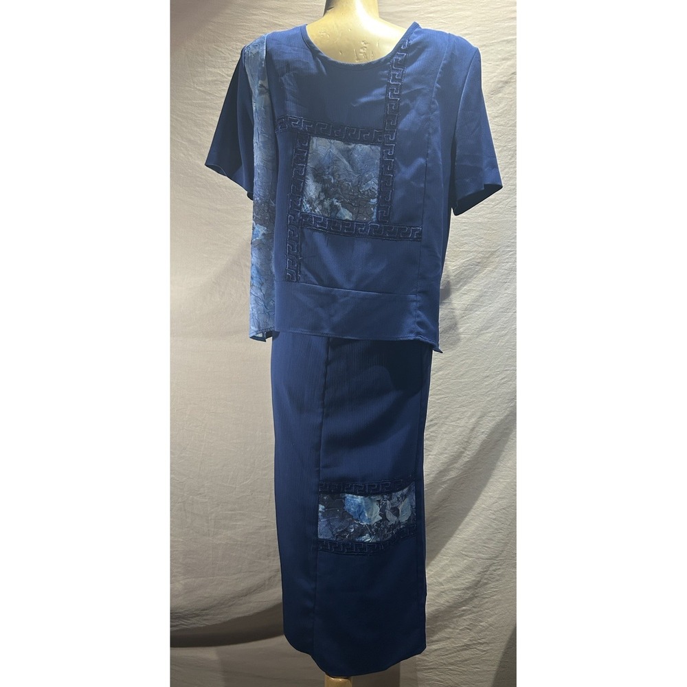 Vintage Betsy's Things Women's Size 16 Blue Two Piece Skirt Set Floral Trim USA